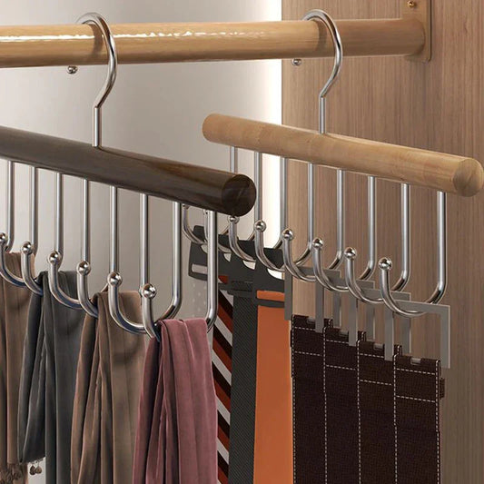 Wooden Camisole Clothes Hanger with 8 Hooks │ Rotatable Multifunctional Tie Belt Storage Organizer Hanger - Besontique Home
