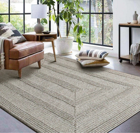 Minimal Natural Wool Rectangular Carpet │ Hand Woven Living Room Bedroom Rug