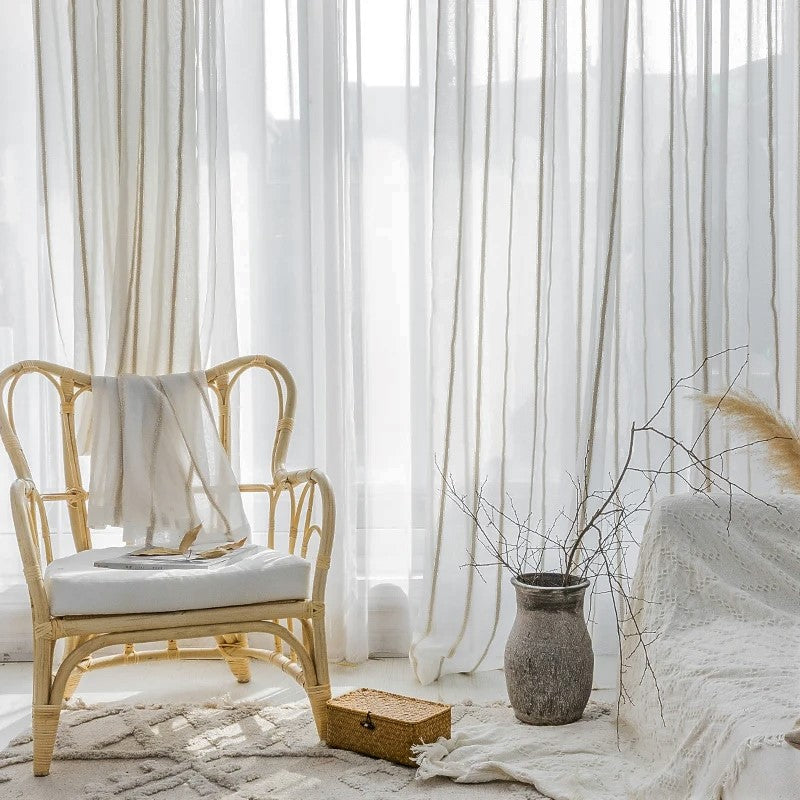 Modern Rustic Linen Striped Curtain │ Gauze White Voile Curtains Besontique Home Decor Window Drapes for Living Room Bedroom