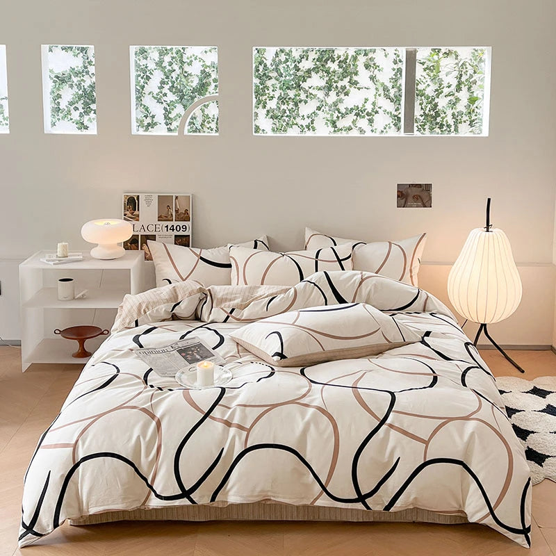 Cotton Black Beige White Line Printing Bedding Set │ High Quality Quilt Bed sheet Duvet Pillow Cover Besontique Home