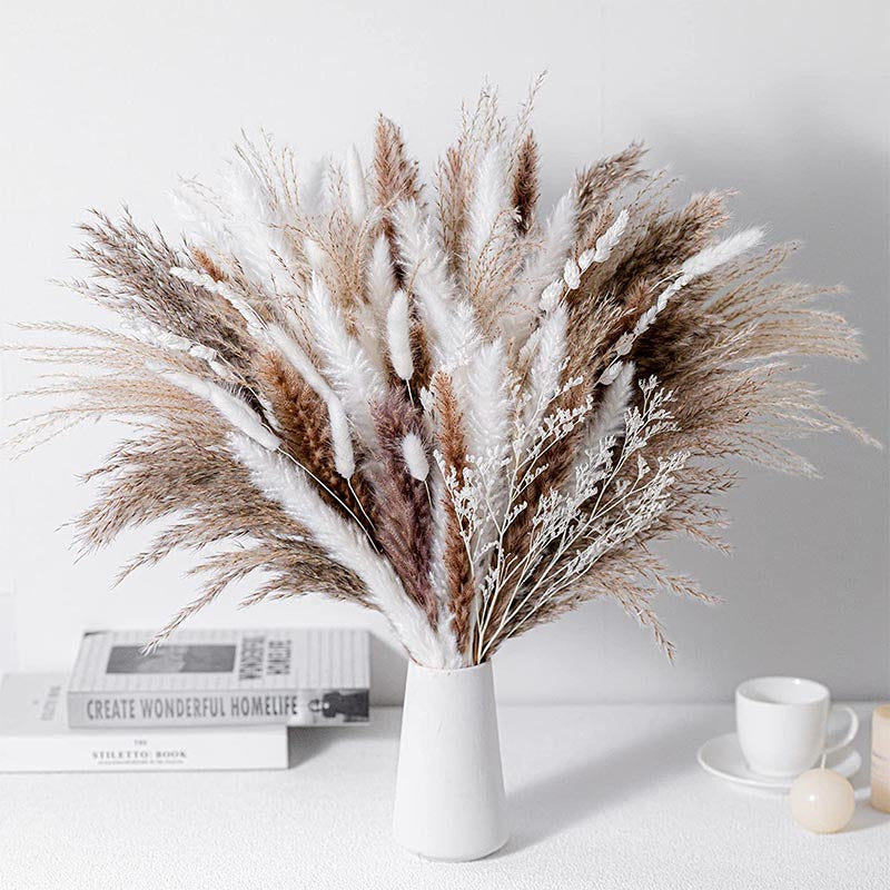 80 pcs (white / brown / beige mix) Natural Dried Pampas Grass Premium Dry Bouquet for Modern Boho Home Decoration Besontique
