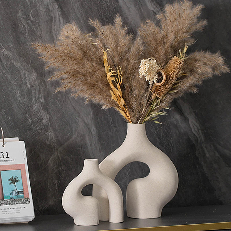 European style Matte Ceramic Bisque Vase Set │ Modern Beige Dried Flower Pot Set Besontique Home