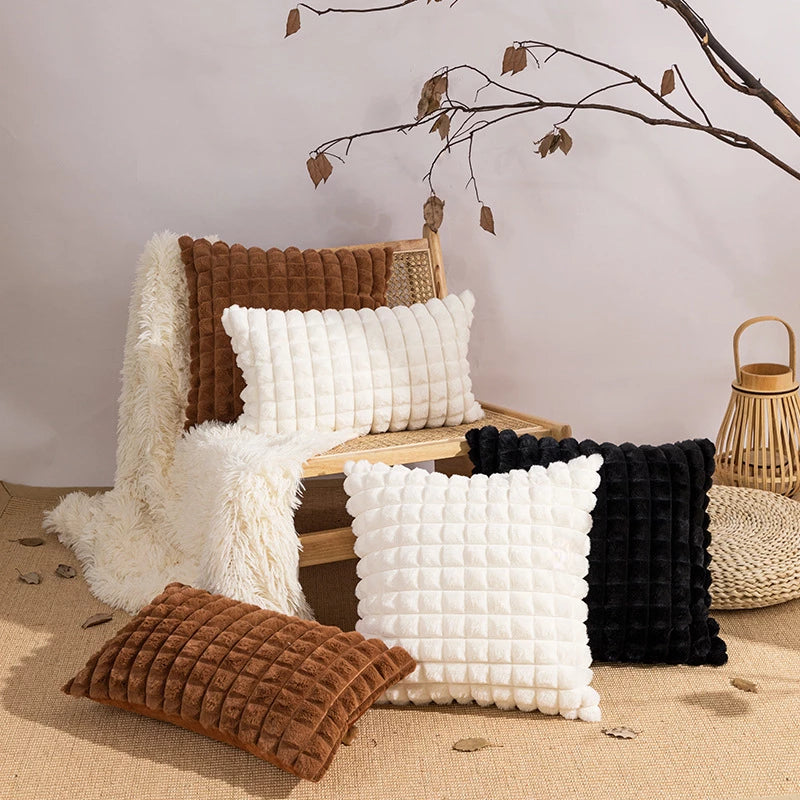 Simple Decorative Plaid Pattern Pillow Cover │ Soft Fur Cushion
