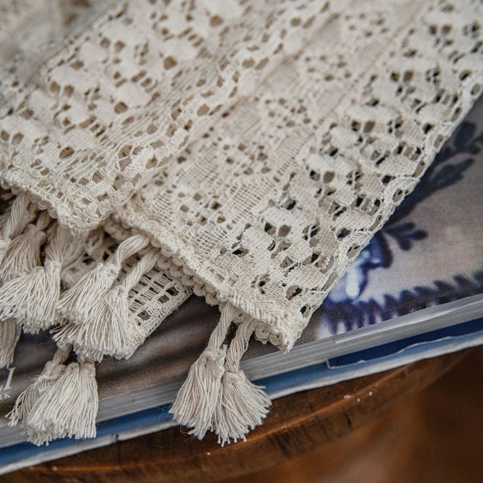 Boho Beige Translucent Curtain Set │ Woven Geometric Crochet Curtains Besontique Home Living Room Decor