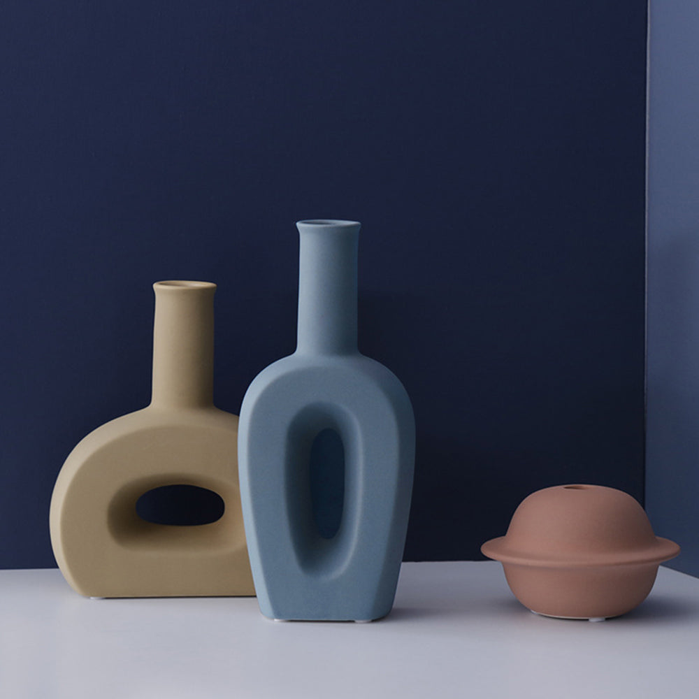 Nordic Ceramic Flower Vase │ Geometric Art Decorative Pot │ Neutral Tone Color Home Decoration