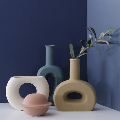 Nordic Ceramic Flower Vase │ Geometric Art Decorative Pot │ Neutral Tone Color Home Decoration