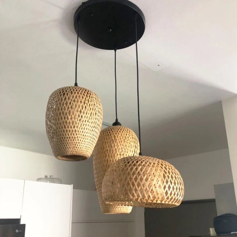 Bamboo Hanging Ceiling Lamp 3 Set │ Handmade Wooden Ratten Lighting For Home Decoration Besontique