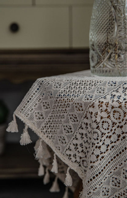 Boho Beige Translucent Curtain Set │ Woven Geometric Crochet Curtains Besontique Home Living Room Decor