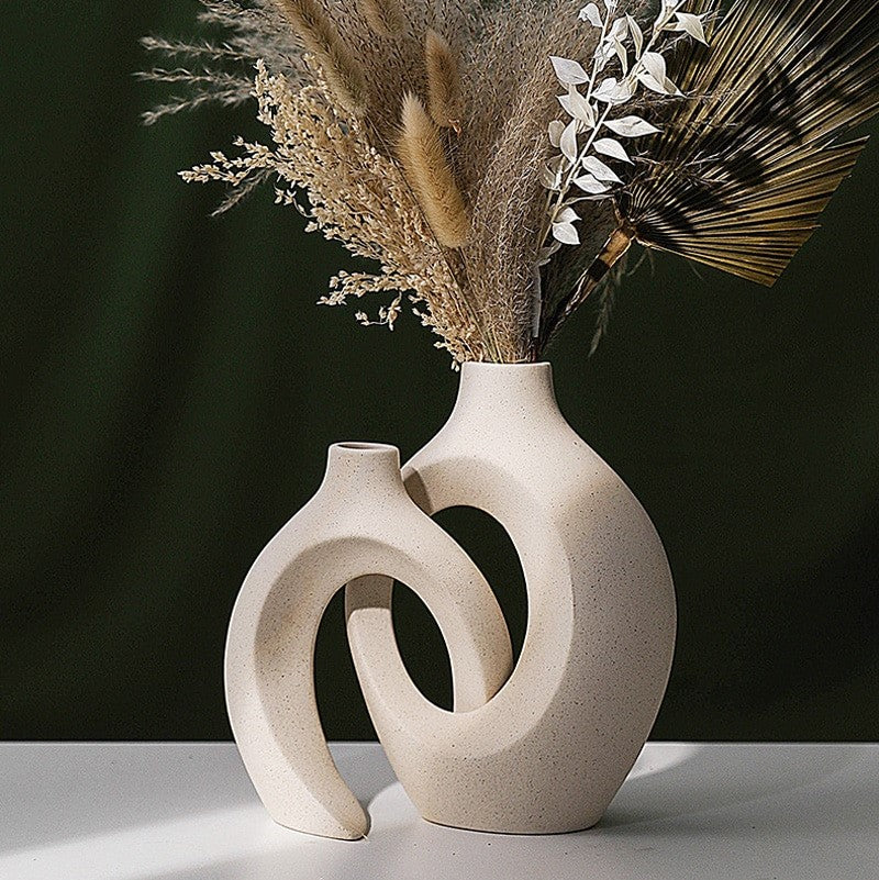 Nordic Beige Keramikvase 2 Stück/Set │ Weiße matte Blumentöpfe für Pampasgras │ Wohnzimmer Home Decoration Geschenke