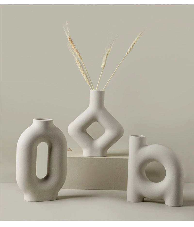 Modern Plain Beige Ceramic Flower Vase │ Simple Geometric Irregular Pots │ for Home Living Room Decor Besontique