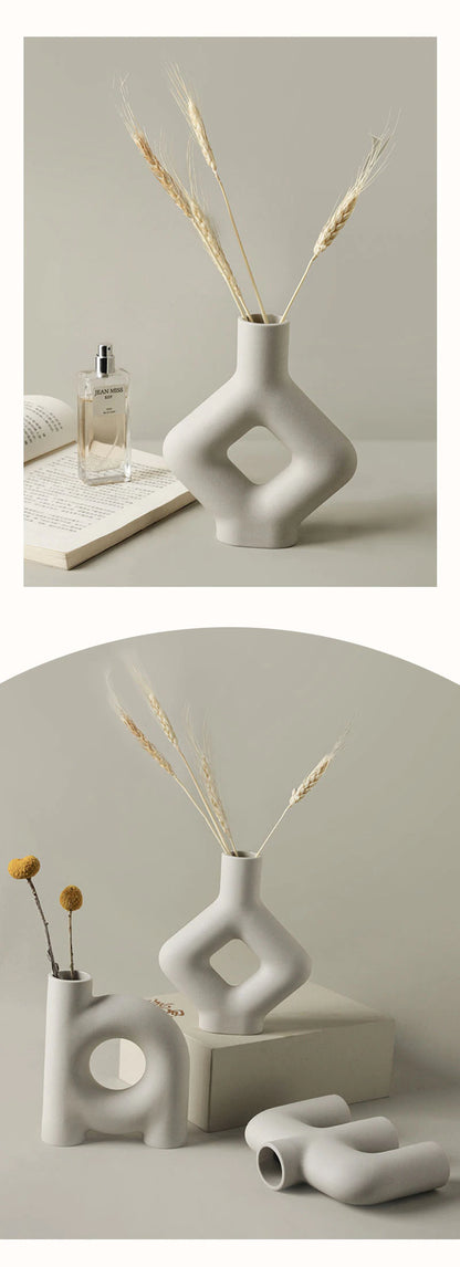 Modern Plain Beige Ceramic Flower Vase │ Simple Geometric Irregular Pots
