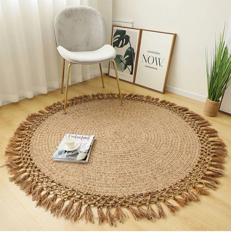 Modern Boho Jute Woven Carpet │ Weave Round Rugs Hand Knotted Tassel Carpet │  for Living Room Bedroom Retro Home Decor Besontique