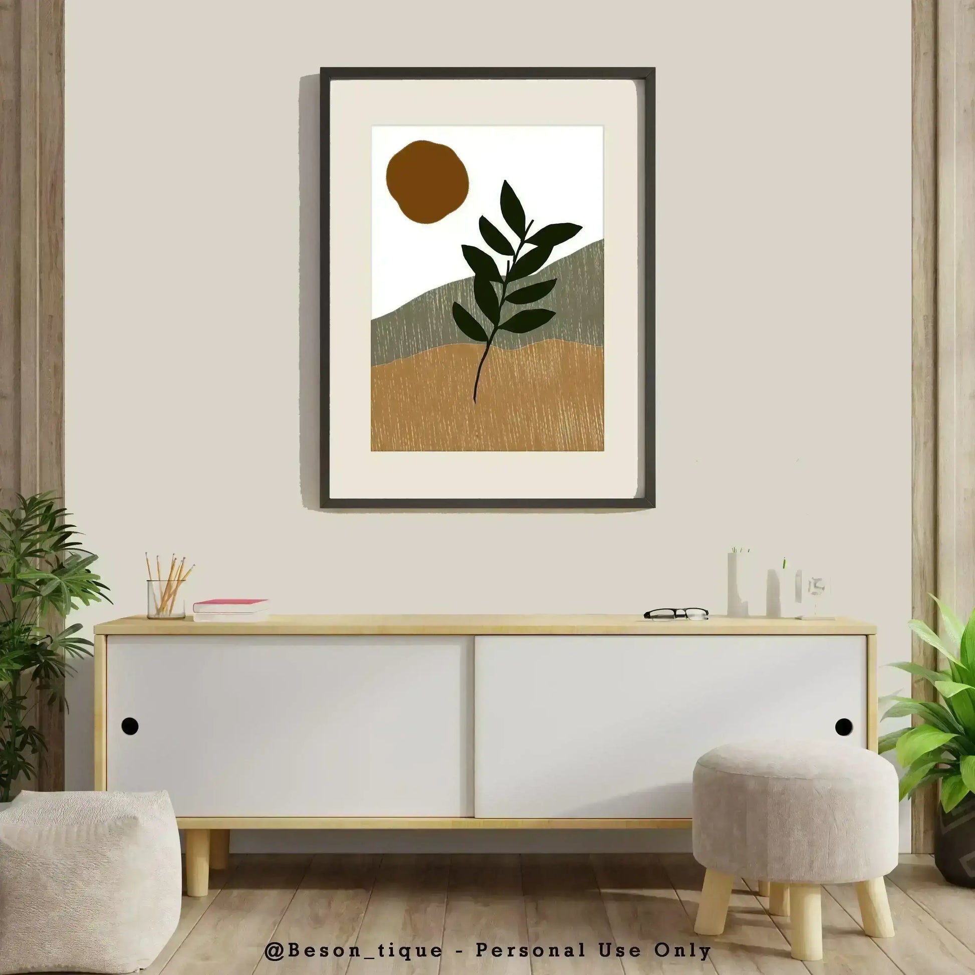Boho Botanical Digital Prints, Modern Abstract Poster, Geometric Gallery Wall Art, Neutral Beige Green Orange Printable Art - Besontique Home