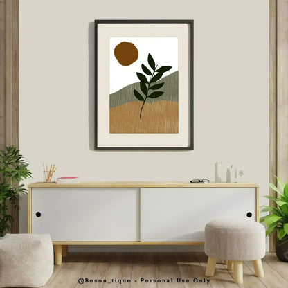 Boho Botanical Digital Prints, Modern Abstract Poster, Geometric Gallery Wall Art, Neutral Beige Green Orange Printable Art - Besontique Home