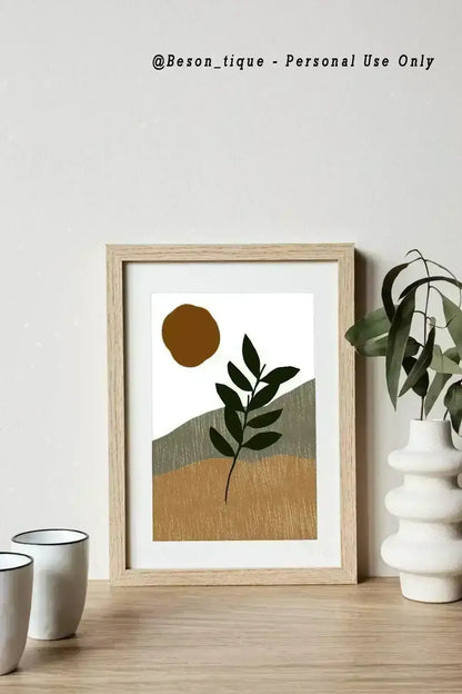 Boho Botanical Digital Prints, Modern Abstract Poster, Geometric Gallery Wall Art, Neutral Beige Green Orange Printable Art - Besontique Home