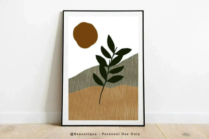 Boho Botanical Digital Prints, Modern Abstract Poster, Geometric Gallery Wall Art, Neutral Beige Green Orange Printable Art - Besontique Home
