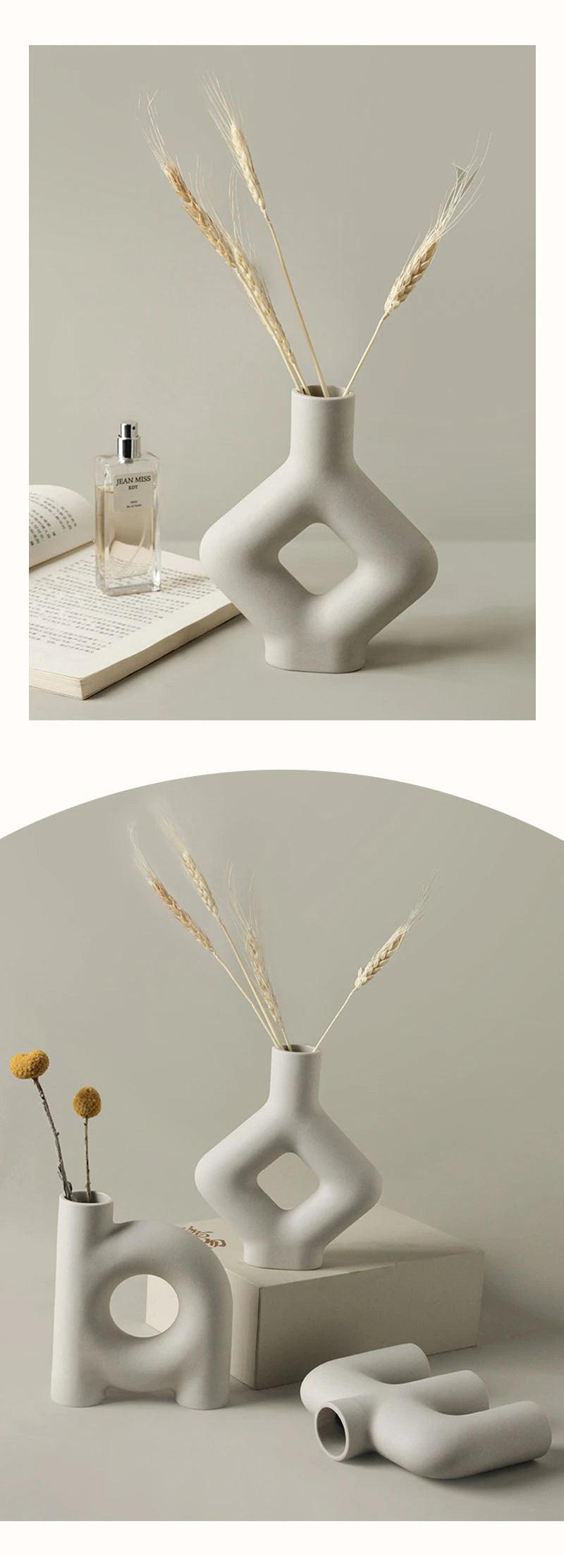 Modern Plain Beige Ceramic Flower Vase │ Simple Geometric Irregular Pots - Besontique