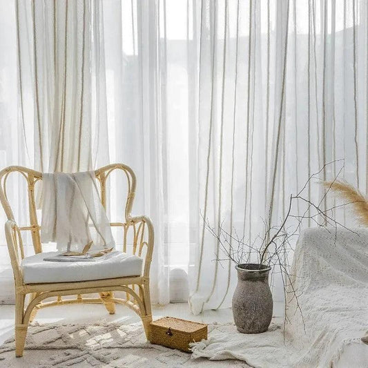 Modern Rustic Linen Striped Curtain │ Gauze White Voile Curtain - Besontique Home