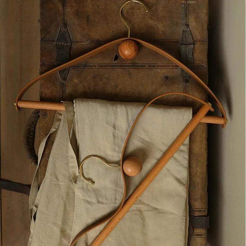 Modern Vintage Leather Wood Clothes Hanger │ Design Wardrobe Coat Trousers Storage Organizer - Besontique Home