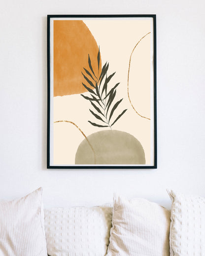 Boho Botanical Wall Print, Nature Plants Abstract Poster, Minimalist Neutral Tone Art, Neutral Orange Green Gold