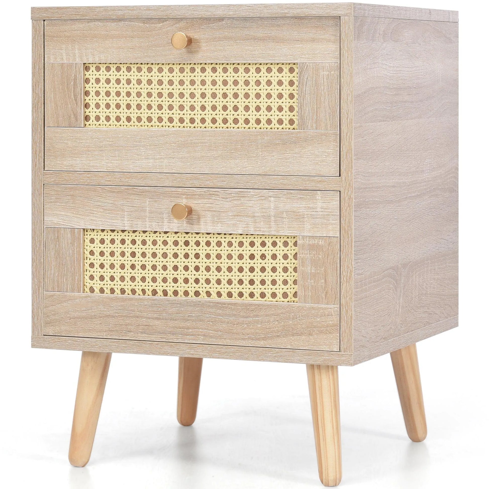 Natural Oak Rattan Night stand furniture │ Wooden Sofa Bedside Table with 2 Drawers - Besontique