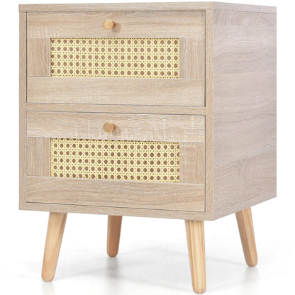 Natural Oak Rattan Night stand furniture │ Wooden Sofa Bedside Table with 2 Drawers - Besontique