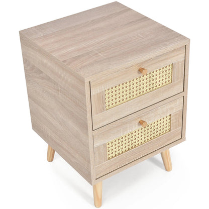 Natural Oak Rattan Night stand furniture │ Wooden Sofa Bedside Table with 2 Drawers - Besontique