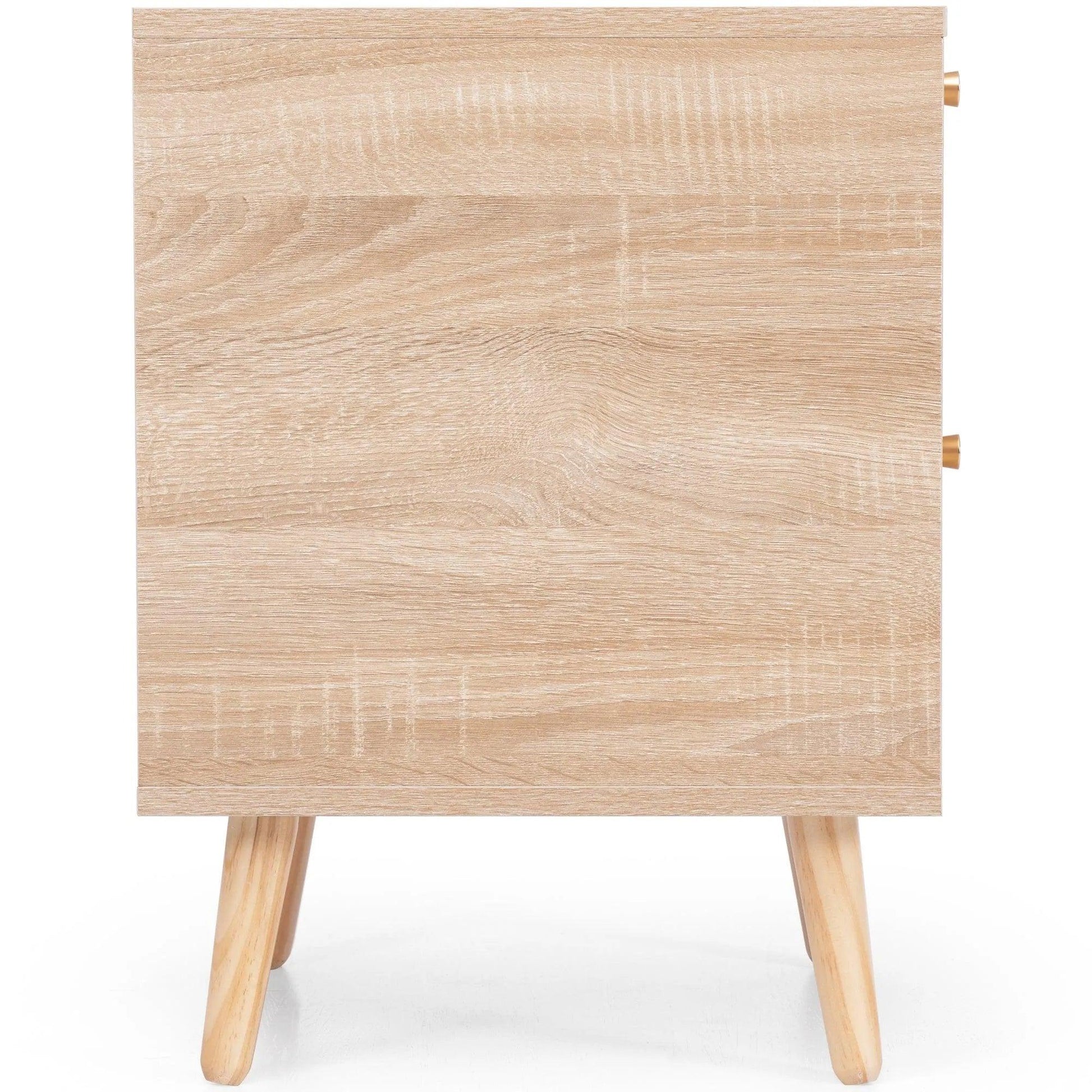 Natural Oak Rattan Night stand furniture │ Wooden Sofa Bedside Table with 2 Drawers - Besontique Home