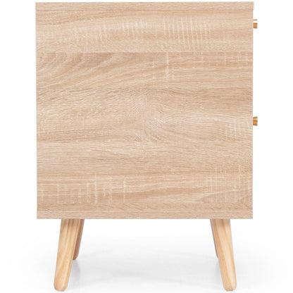 Natural Oak Rattan Night stand furniture │ Wooden Sofa Bedside Table with 2 Drawers - Besontique Home