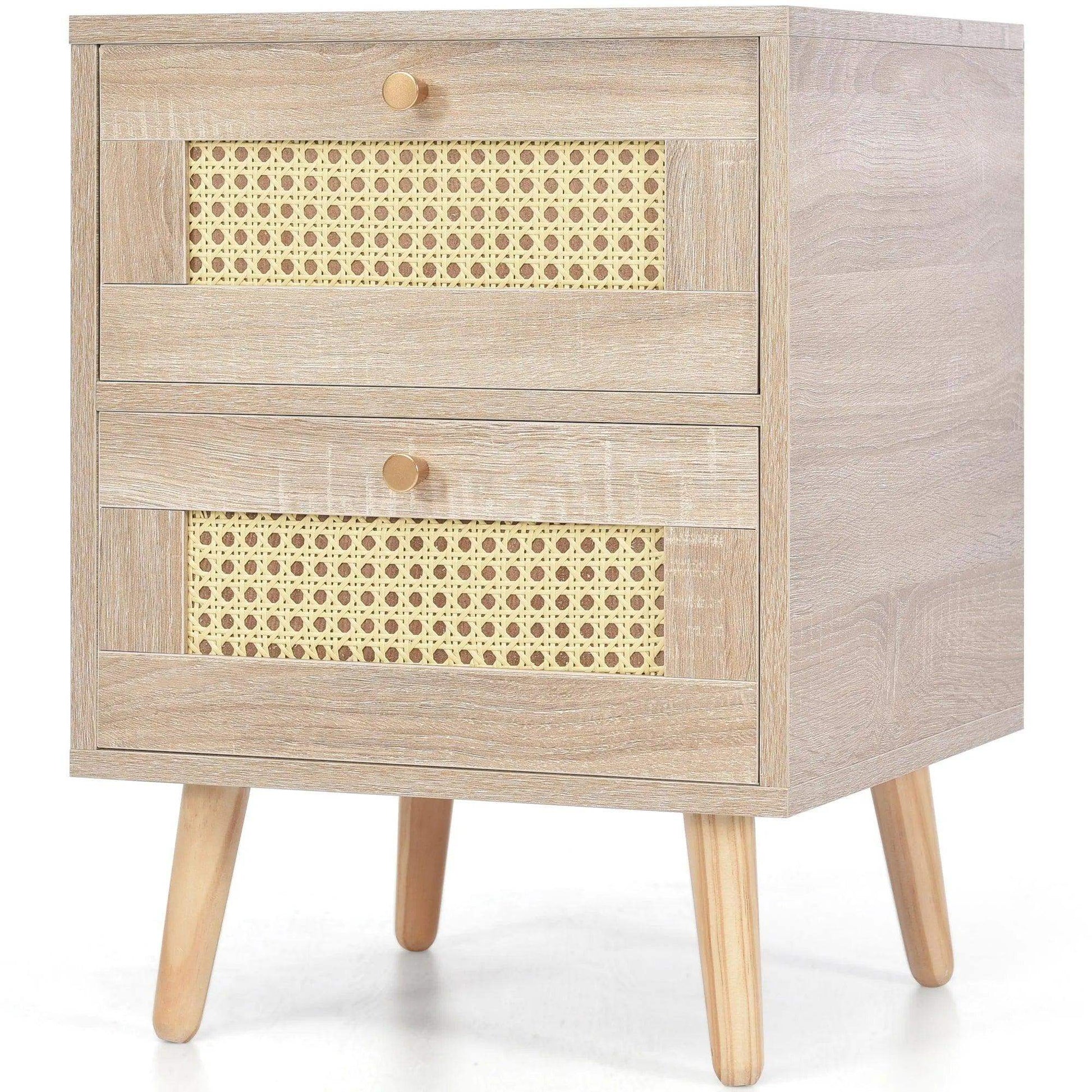 Natural Oak Rattan Night stand furniture │ Wooden Sofa Bedside Table with 2 Drawers - Besontique Home