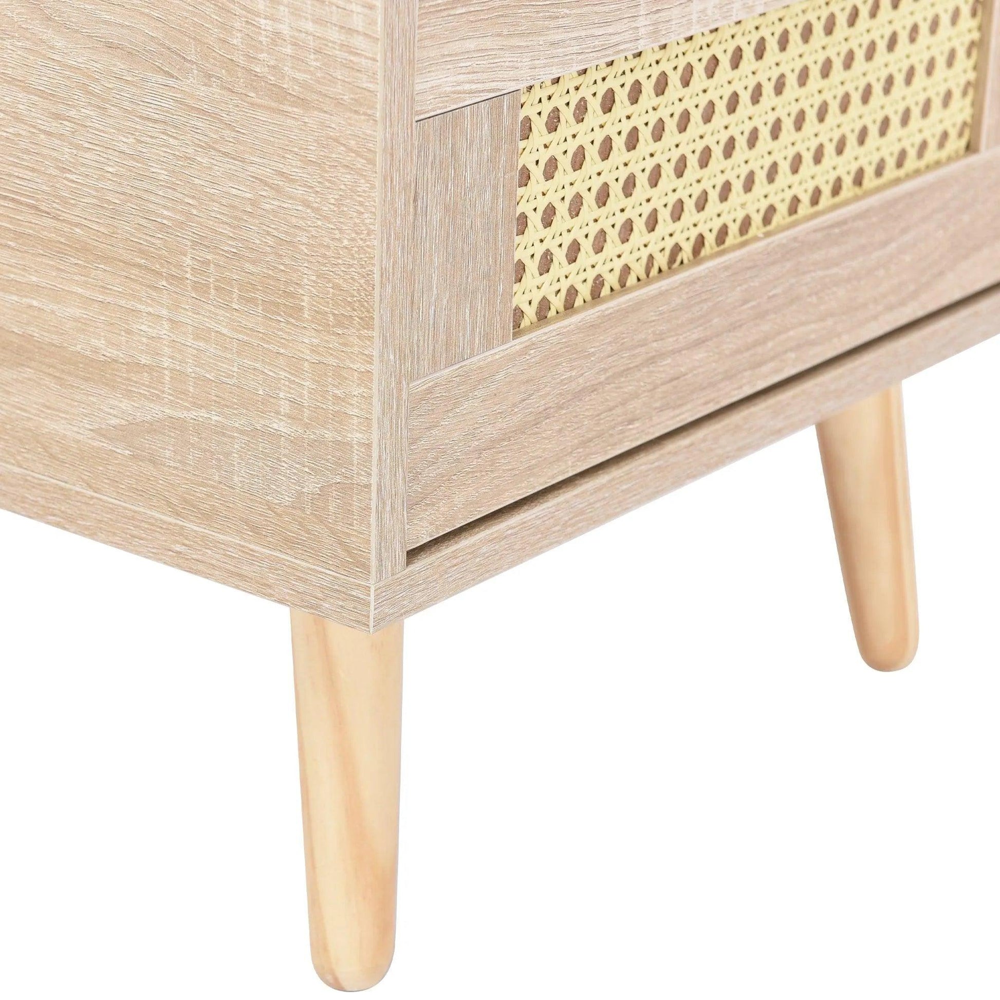 Natural Oak Rattan Night stand furniture │ Wooden Sofa Bedside Table with 2 Drawers - Besontique Home