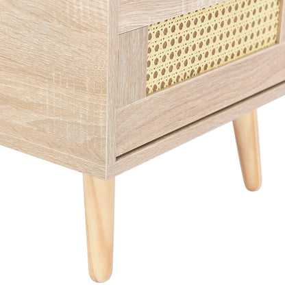 Natural Oak Rattan Night stand furniture │ Wooden Sofa Bedside Table with 2 Drawers - Besontique Home
