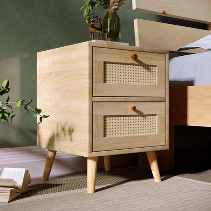 Natural Oak Rattan Night stand furniture │ Wooden Sofa Bedside Table with 2 Drawers - Besontique Home