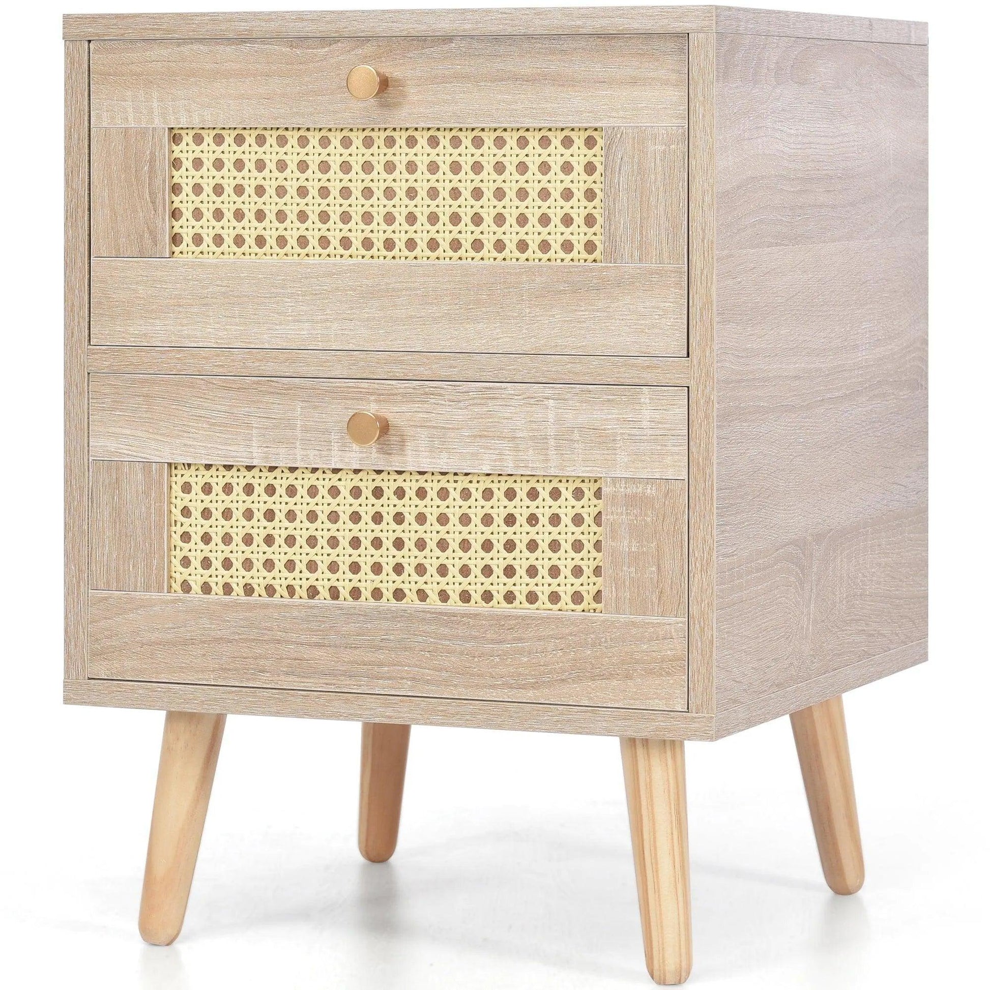 Natural Oak Rattan Night stand furniture │ Wooden Sofa Bedside Table with 2 Drawers - Besontique Home