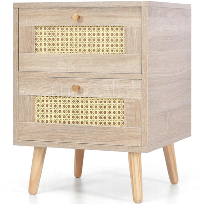 Natural Oak Rattan Night stand furniture │ Wooden Sofa Bedside Table with 2 Drawers - Besontique Home