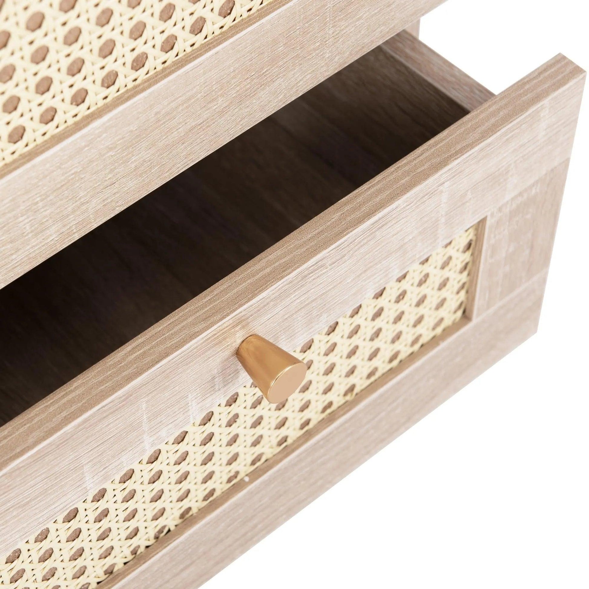 Natural Oak Rattan Night stand furniture │ Wooden Sofa Bedside Table with 2 Drawers - Besontique Home