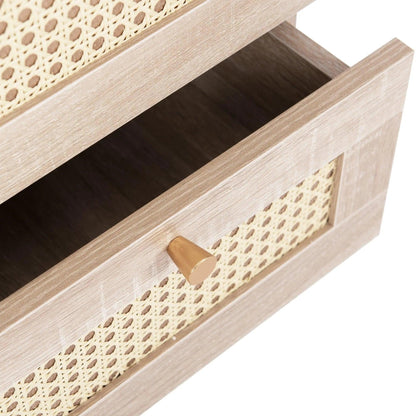Natural Oak Rattan Night stand furniture │ Wooden Sofa Bedside Table with 2 Drawers - Besontique Home