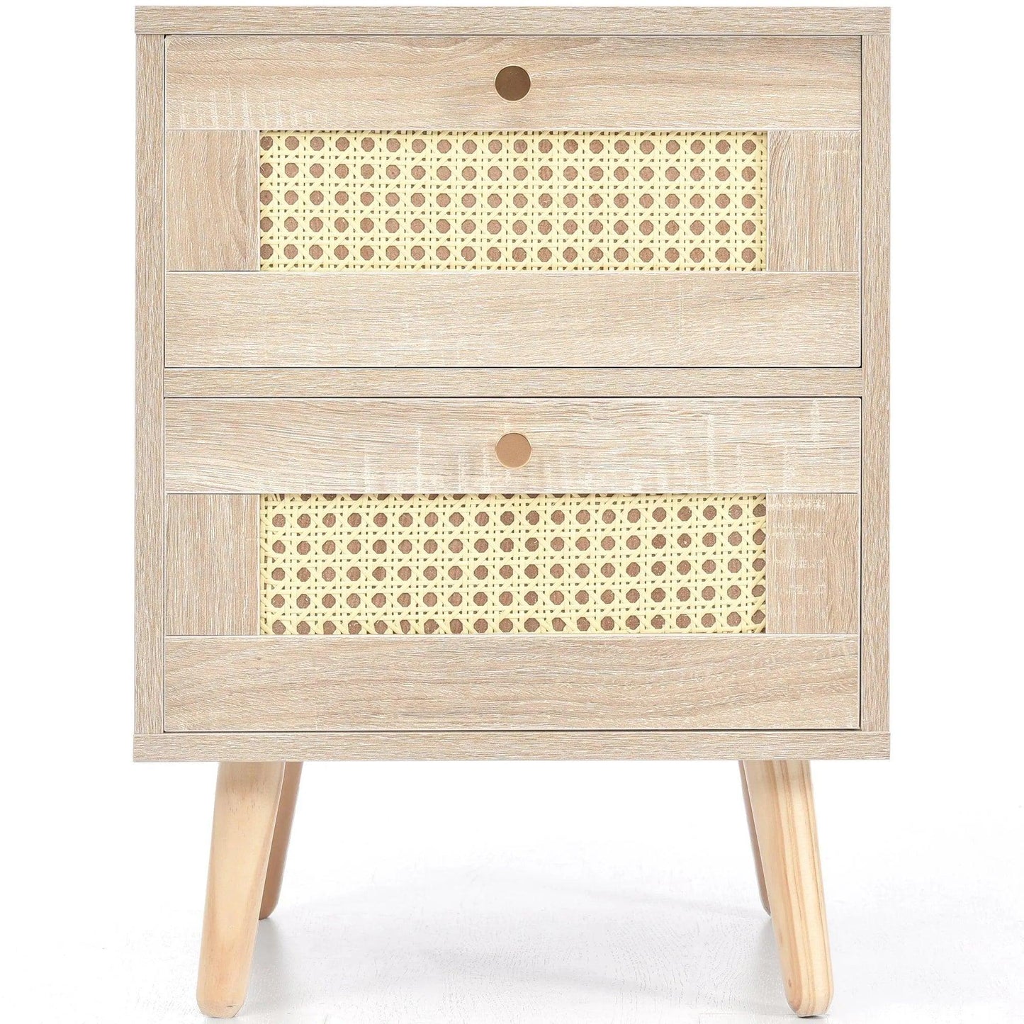 Natural Oak Rattan Night stand furniture │ Wooden Sofa Bedside Table with 2 Drawers - Besontique Home