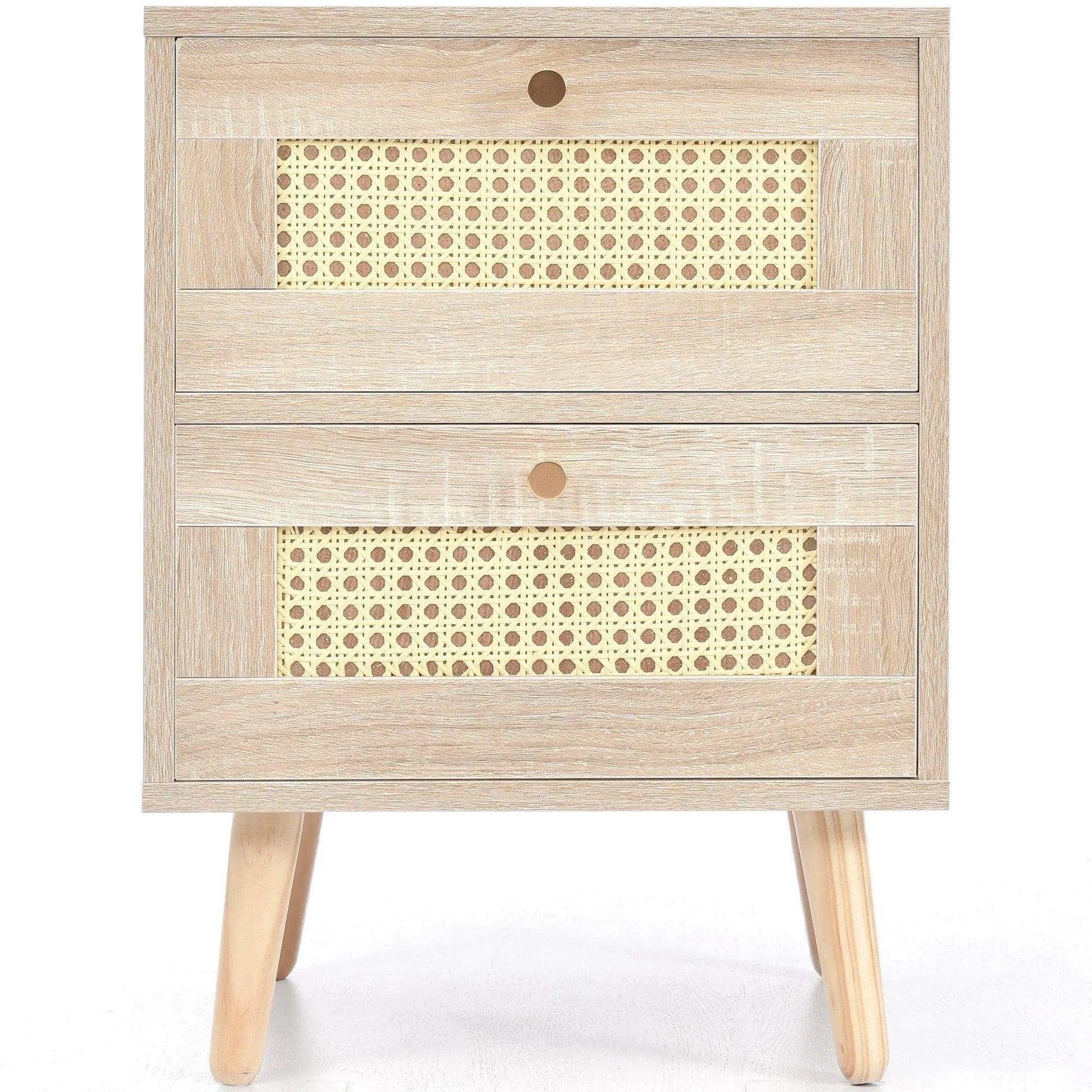 Natural Oak Rattan Night stand furniture │ Wooden Sofa Bedside Table with 2 Drawers - Besontique Home