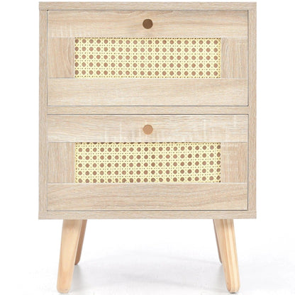 Natural Oak Rattan Night stand furniture │ Wooden Sofa Bedside Table with 2 Drawers - Besontique Home