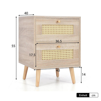 Natural Oak Rattan Night stand furniture │ Wooden Sofa Bedside Table with 2 Drawers - Besontique Home