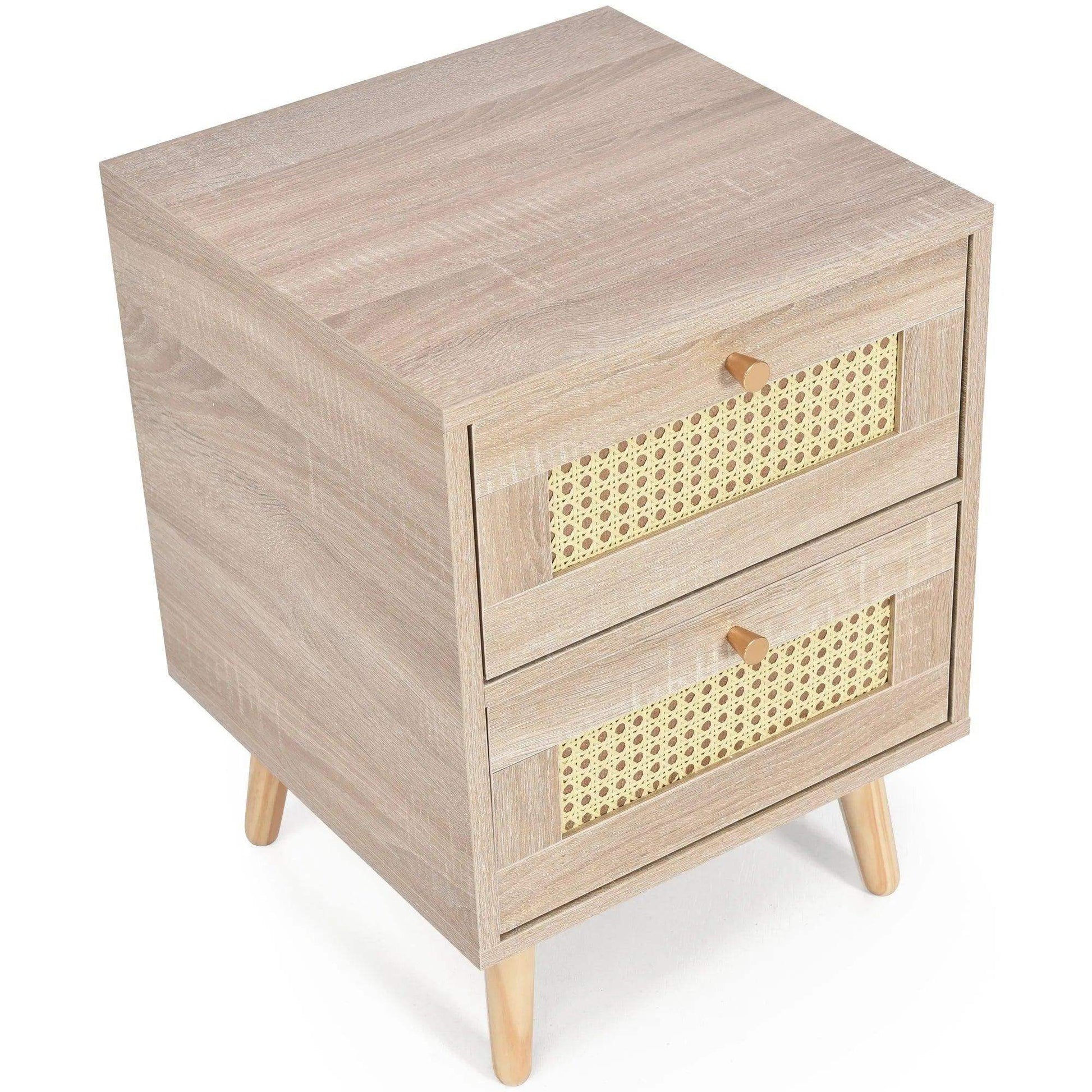 Natural Oak Rattan Night stand furniture │ Wooden Sofa Bedside Table with 2 Drawers - Besontique Home