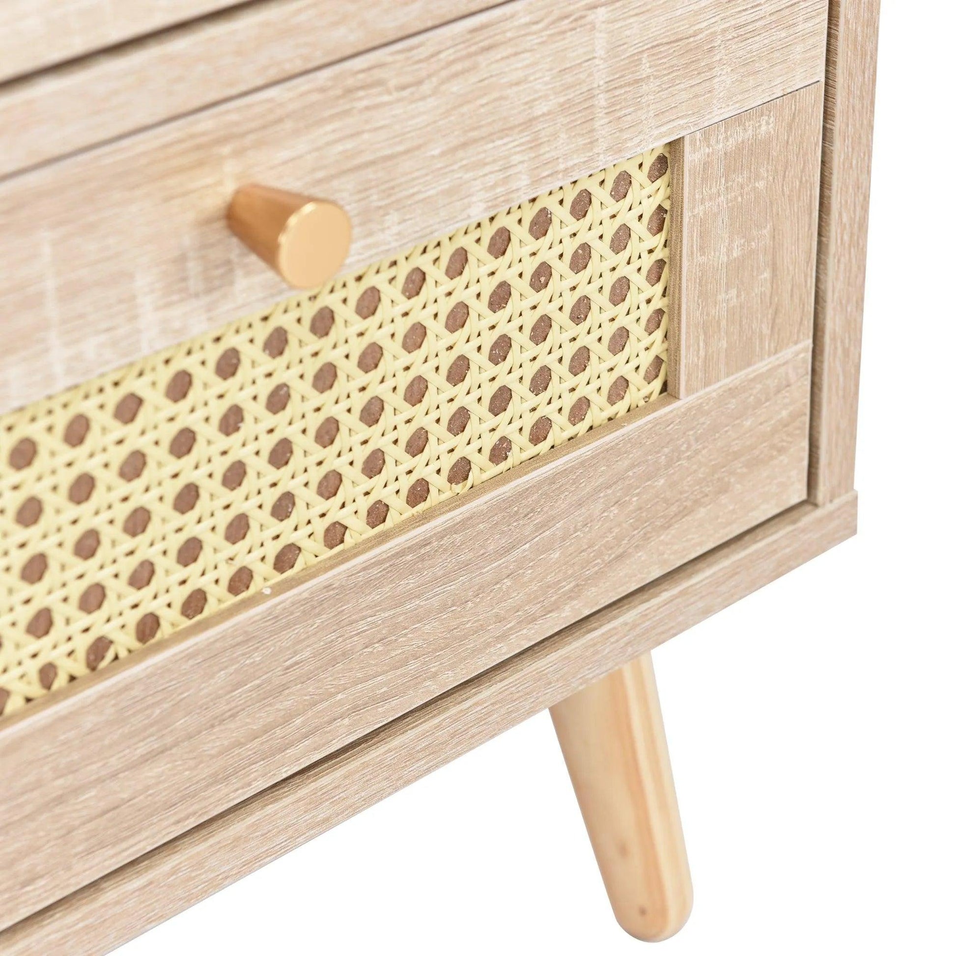 Natural Oak Rattan Night stand furniture │ Wooden Sofa Bedside Table with 2 Drawers - Besontique Home