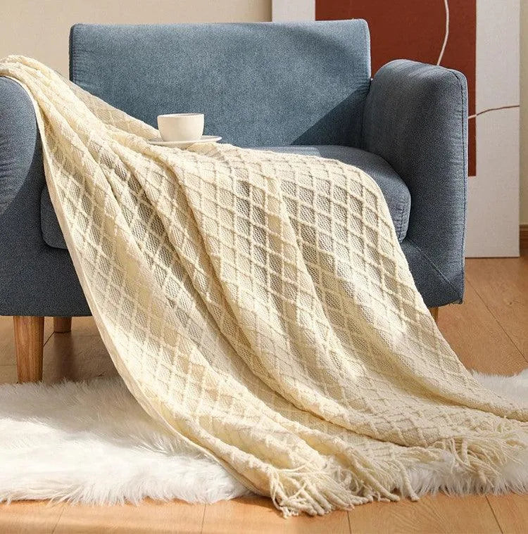 Neutral Knitted Throw Blanket with Tassel │ Nordic Style Plaid Bedspread - Besontique