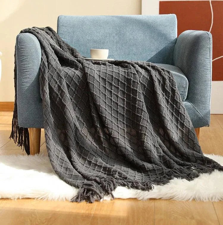 Neutral Knitted Throw Blanket with Tassel │ Nordic Style Plaid Bedspread - Besontique