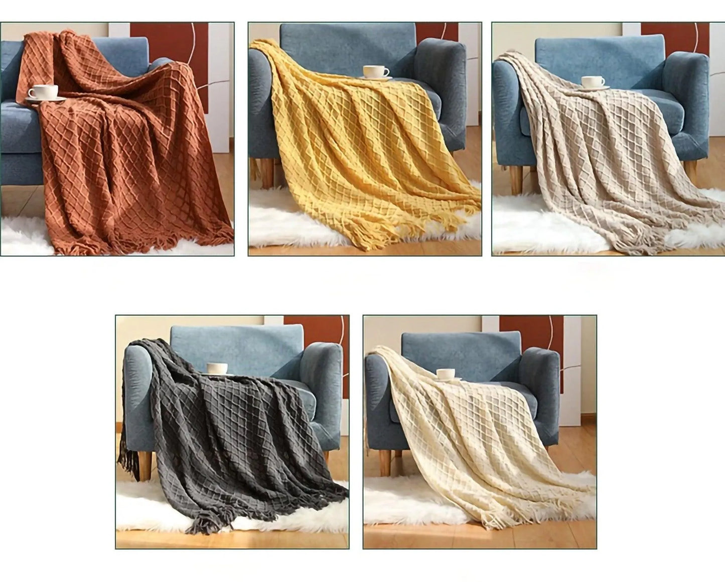 Neutral Knitted Throw Blanket with Tassel │ Nordic Style Plaid Bedspread - Besontique