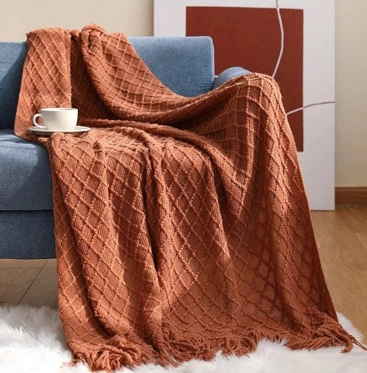 Neutral Knitted Throw Blanket with Tassel │ Nordic Style Plaid Bedspread - Besontique