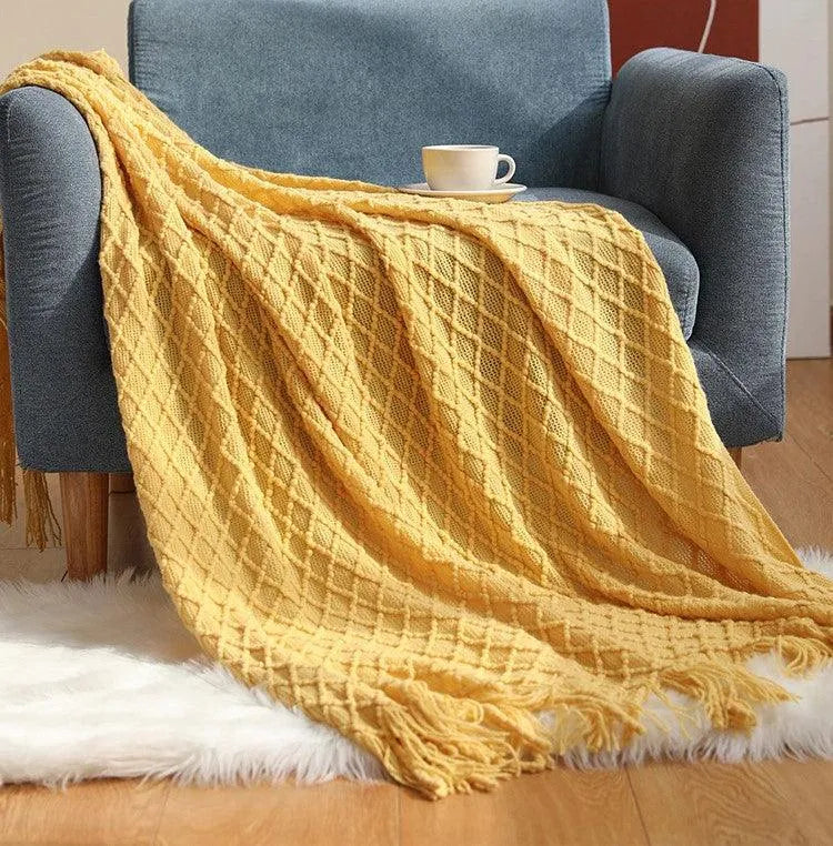 Neutral Knitted Throw Blanket with Tassel │ Nordic Style Plaid Bedspread - Besontique