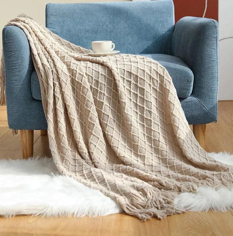 Neutral Knitted Throw Blanket with Tassel │ Nordic Style Plaid Bedspread - Besontique