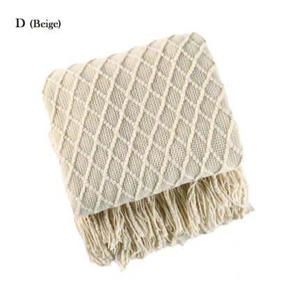Neutral Knitted Throw Blanket with Tassel │ Nordic Style Plaid Bedspread - Besontique Home